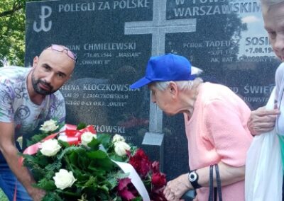 Mieszkańcy wraz z Panem Łukaszem Wujcem składają kwiaty na jednym z grobów